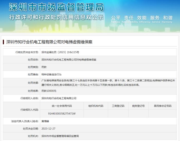 深圳市知行合机电工程有限公司对电梯虚假维保案