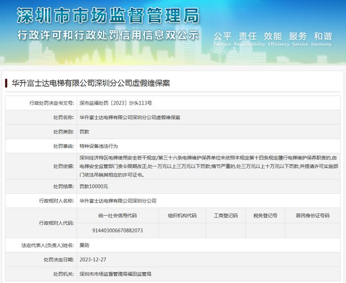 华升富士达电梯有限公司深圳分公司虚假维保案