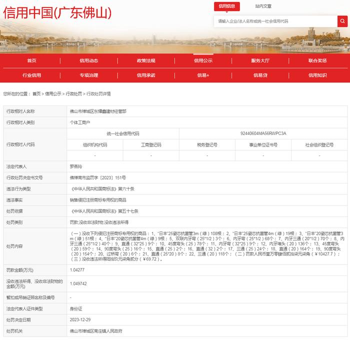 佛山市禅城区东耀鑫建材经营部销售侵犯注册商标专用权的商品案