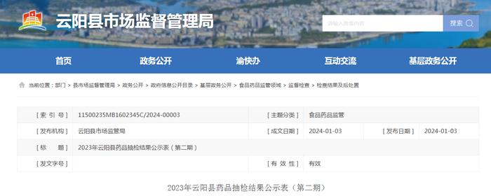 2023年重庆市云阳县药品抽检结果公示表（第二期）