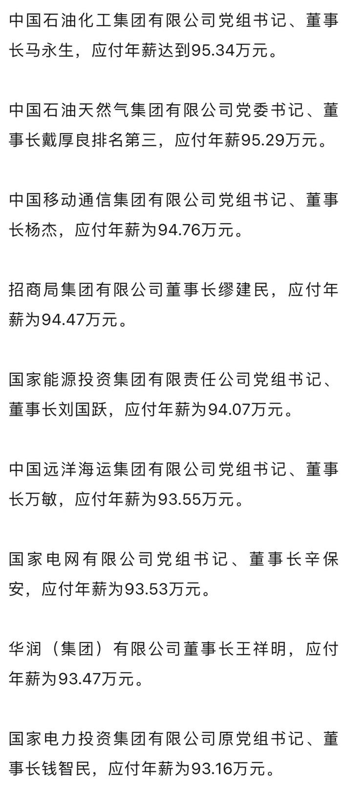 96家央企一把手年薪披露！中海油董事长最高