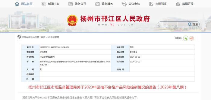 江苏省扬州市邗江区市场监督管理局关于2023年区抽不合格产品风险控制情况的通告（2023年第八期）