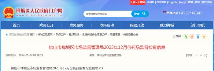 广东省佛山市禅城区市场监督管理局2023年12月份药品监督检查信息