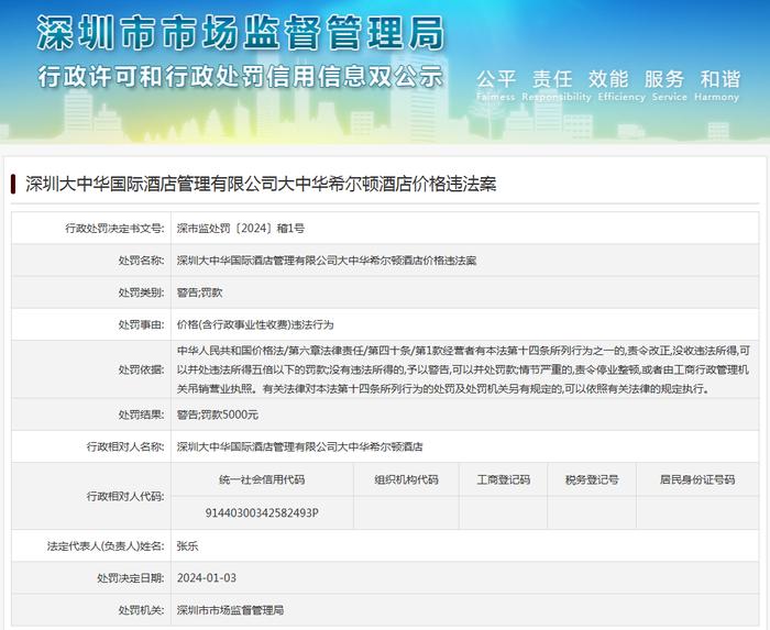 深圳大中华国际酒店管理有限公司大中华希尔顿酒店价格违法案
