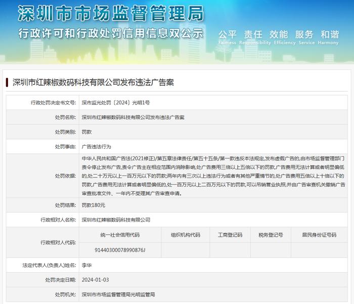 深圳市红辣椒数码科技有限公司发布违法广告案