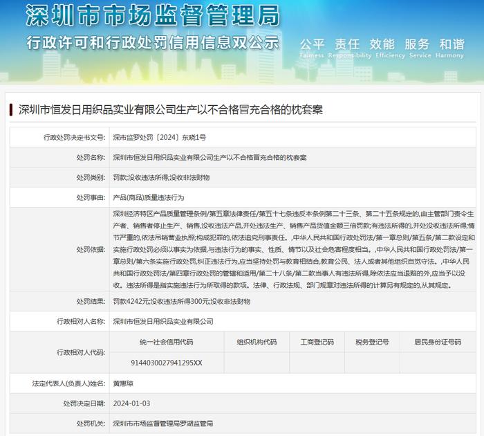 深圳市恒发日用织品实业有限公司生产以不合格冒充合格的枕套案