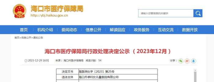 海口市医疗保障局行政处理决定公示 （2023年12月）