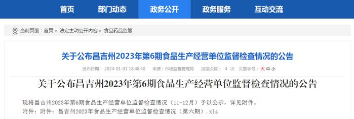 新疆昌吉州市场监督管理局关于公布昌吉州2023年第6期食品生产经营单位监督检查情况的公告