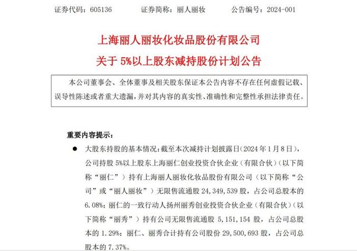 美妆代运营龙头丽人丽妆：股东丽仁拟减持不超0.99%公司股份