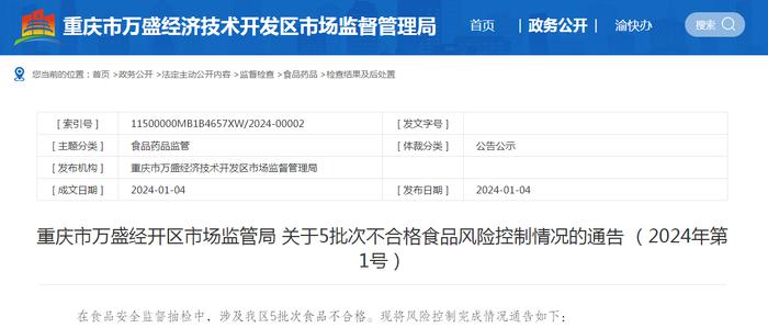 重庆市万盛经开区市场监管局关于5批次不合格食品风险控制情况的通告 （2024年第1号）