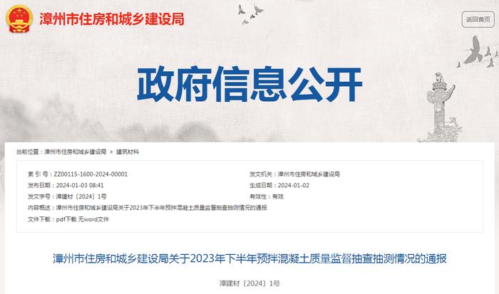 福建省漳州市住房和城乡建设局关于2023年下半年预拌混凝土质量监督抽查抽测情况的通报