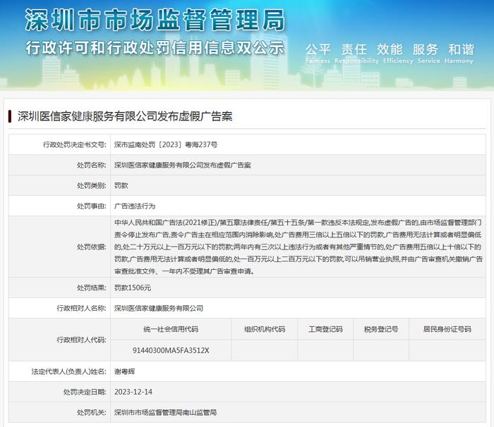 深圳医信家健康服务有限公司发布虚假广告案