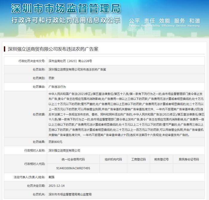 深圳强立送商贸有限公司发布违法农药广告案