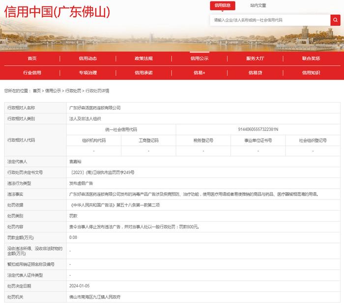 广东好森活医药连锁有限公司发布虚假广告案