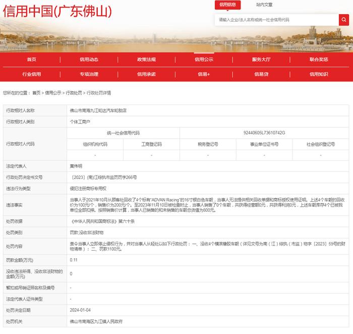 佛山市南海九江轮达汽车轮胎店侵犯注册商标专用权案