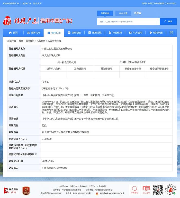 广州市海珠区应急管理局对广州红船汇置业发展有限公司作出行政处罚