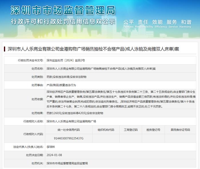 深圳市人人乐商业有限公司金港购物广场销售抽检不合格产品(成人泳镜及尚雅双人床单)案