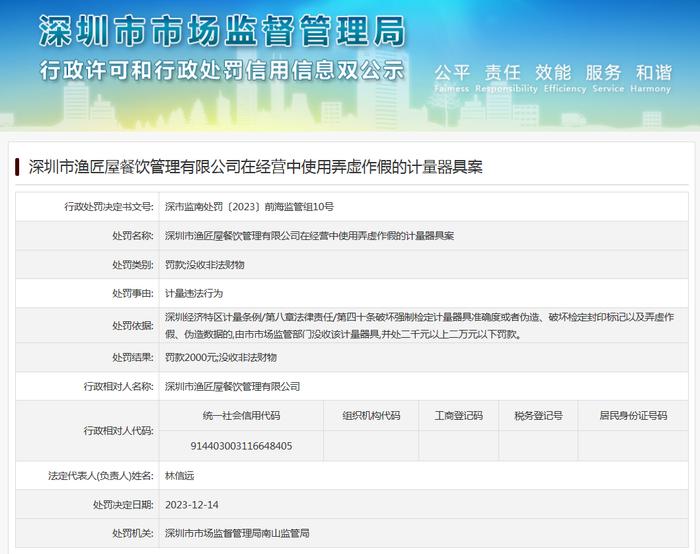 深圳市渔匠屋餐饮管理有限公司在经营中使用弄虚作假的计量器具案