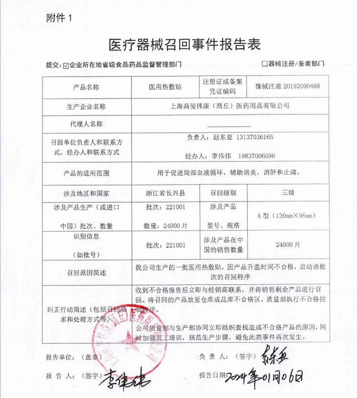 上海商玺伟康（商丘）医药用品有限公司对医用热敷贴主动召回