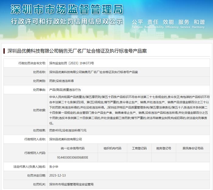 深圳品优美科技有限公司销售无厂名厂址合格证及执行标准号产品案