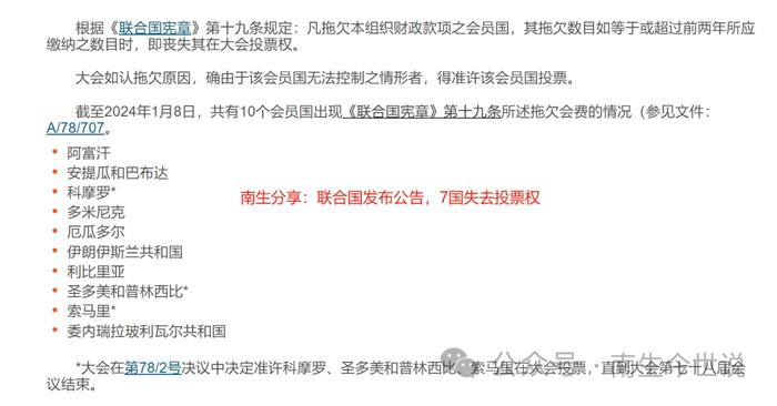 因为拖欠会费，伊朗、阿富汗、委内瑞拉等国暂时失去联合国大会投票权