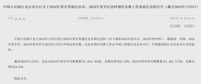 央行北京分行：截至1月9日，北京市2024年贺岁币、贺岁钞兑换比例为23.05%、24.63%