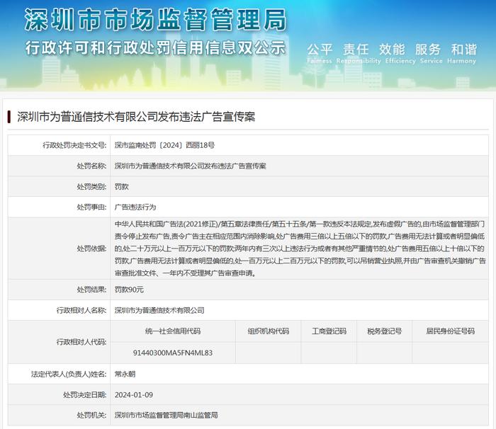 深圳市为普通信技术有限公司发布违法广告宣传案
