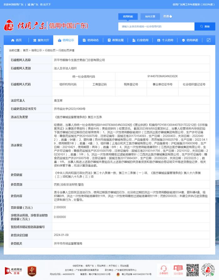 广东省开平市市场监督管理局对开平市胭脂今生医疗美容门诊部有限公司作出行政处罚