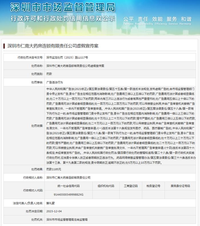 深圳市仁南大药房连锁有限责任公司虚假宣传案