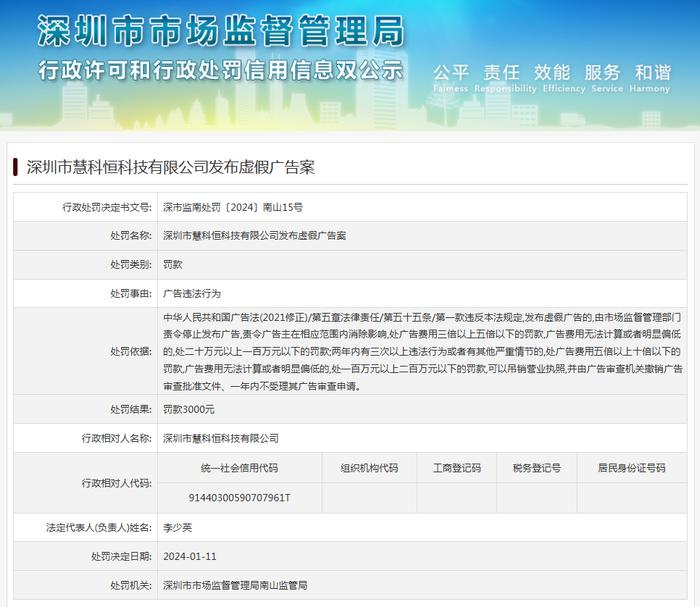 深圳市慧科恒科技有限公司发布虚假广告案