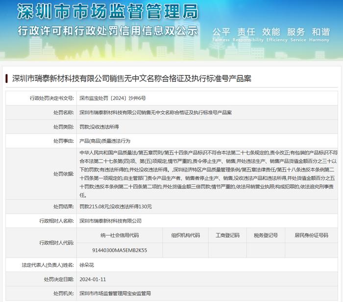 深圳市瑞泰新材科技有限公司销售无中文名称合格证及执行标准号产品案