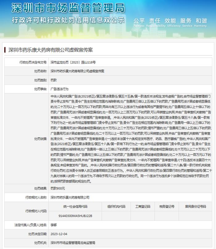 深圳市药乐康大药房有限公司虚假宣传案