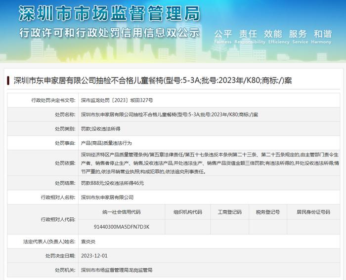 深圳市东申家居有限公司抽检不合格儿童餐椅案