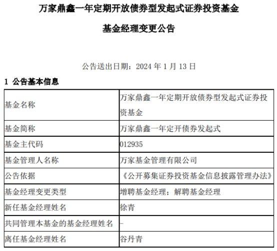 万家鼎鑫一年定开债券发起式增聘徐青 谷丹青离任