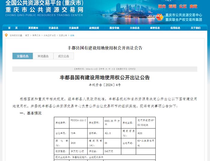 起始价1221万元  重庆市丰都县出让一宗国有建设用地