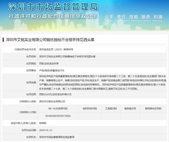 深圳市艾铭实业有限公司销售抽检不合格手持花洒头案