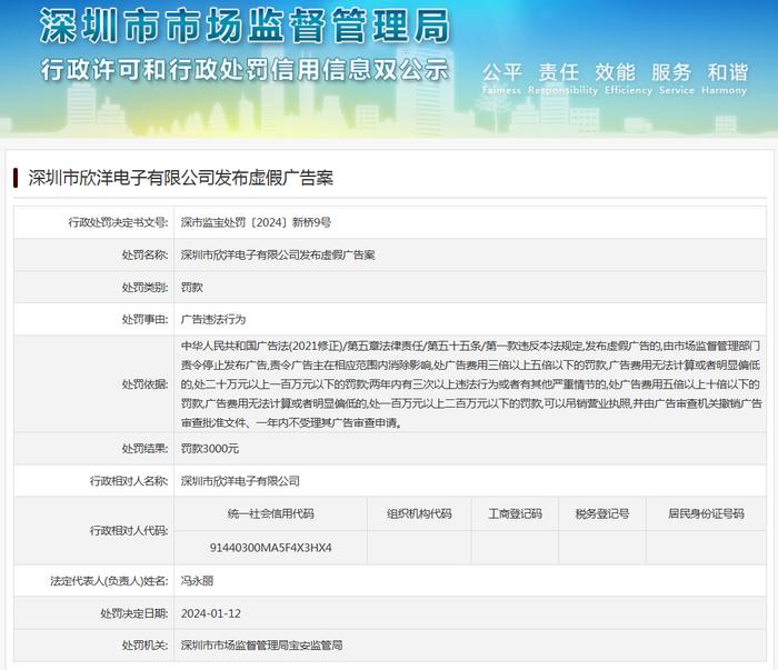 深圳市欣洋电子有限公司发布虚假广告案
