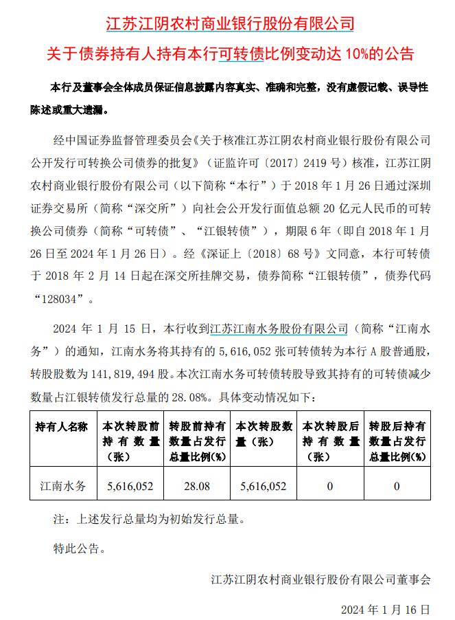 江南水务将所持江阴银行可转债全部转股，持股比例增至6.13%，成为第一大股东