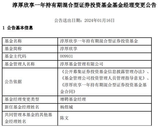 淳厚欣享一年持有期混合增聘基金经理杨煜城