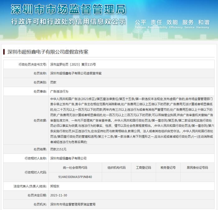 深圳市超恒鑫电子有限公司虚假宣传案