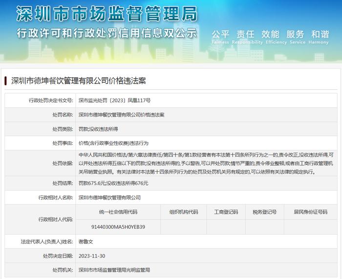 深圳市德坤餐饮管理有限公司价格违法案
