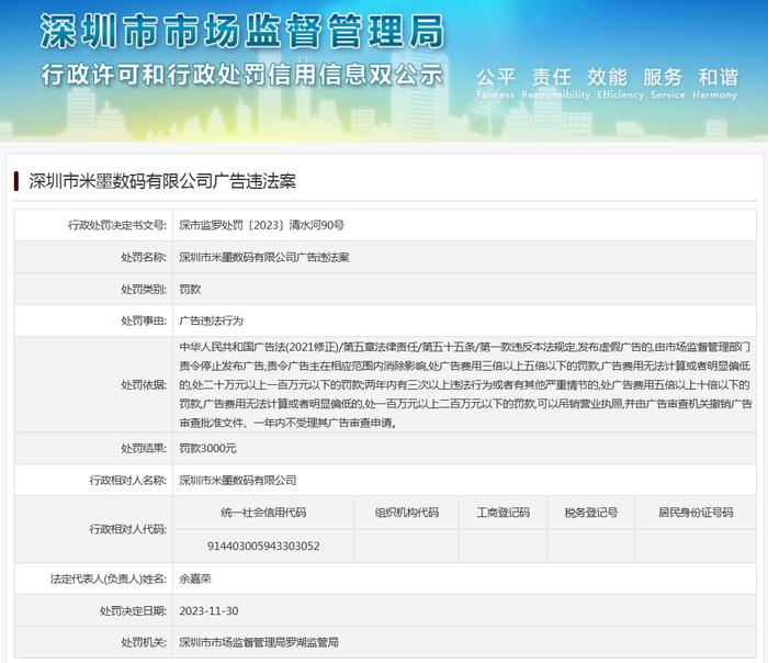 深圳市米墨数码有限公司广告违法案