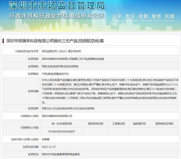 深圳市敏瑞丰科技有限公司销售三无产品(视频航空线)案