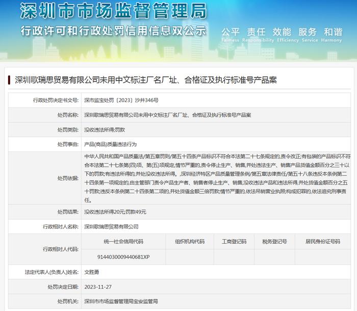 深圳歌瑞思贸易有限公司未用中文标注厂名厂址、合格证及执行标准号产品案