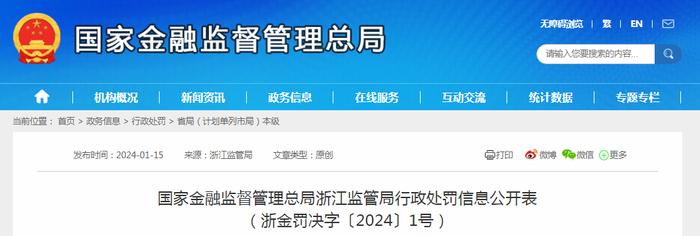 国家金融监督管理总局浙江监管局行政处罚信息公开表（浙金罚决字〔2024〕1号）