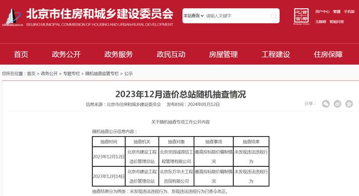 2023年12月北京市造价总站随机抽查情况