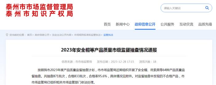 江苏省泰州市市场监督管理局通报2023年安全帽等产品质量市级监督抽查情况