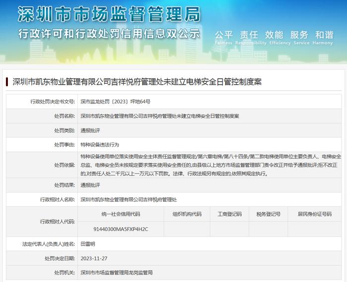 深圳市凯东物业管理有限公司吉祥悦府管理处未建立电梯安全日管控制度案