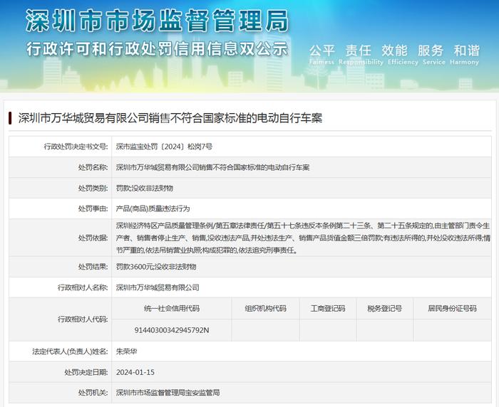 深圳市万华城贸易有限公司销售不符合国家标准的电动自行车案