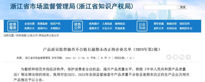 浙江省市场监督管理局公布产品质量监督抽查不合格且逾期未改正的企业名单（2024年第1批）